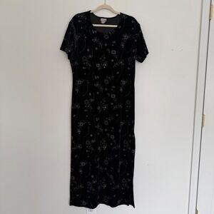 Vintage Black Velour Velvet Floral Maxi Dress XL Asian Whimsigoth Evening‎ Party